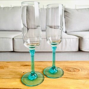 3 vintage  teal stem champagne flutes
